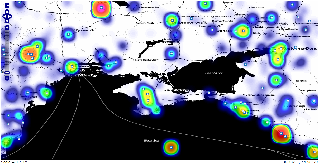 Showing heatmap with event overlay of GDELT events with CAMEO root code THREATEN from Jan 1, 2013 to April 30, 2014