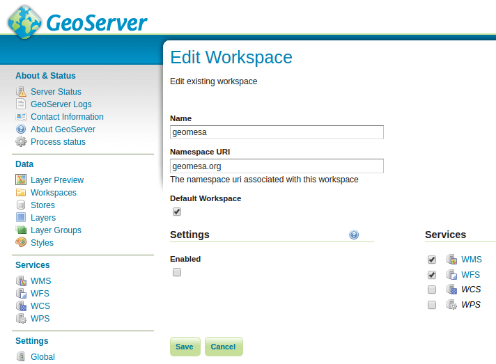 GeoServer Workspace Settings View